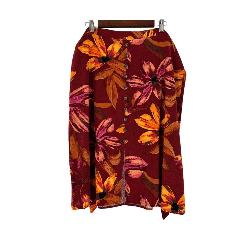 NYCC Floral Button-Front Skirt XL Red Orange‎ Purple Linen Blend Tropical Maxi